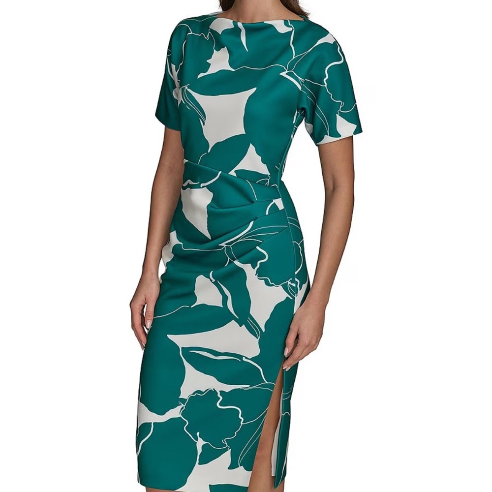 Donna Karan Scuba Boatneck Short Sleeve MIDI Sheath Dress